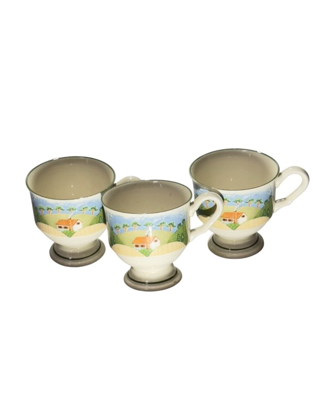 Set Of 3 Sango Stoneware Footed Mugs With Country Cottage Scene Korea